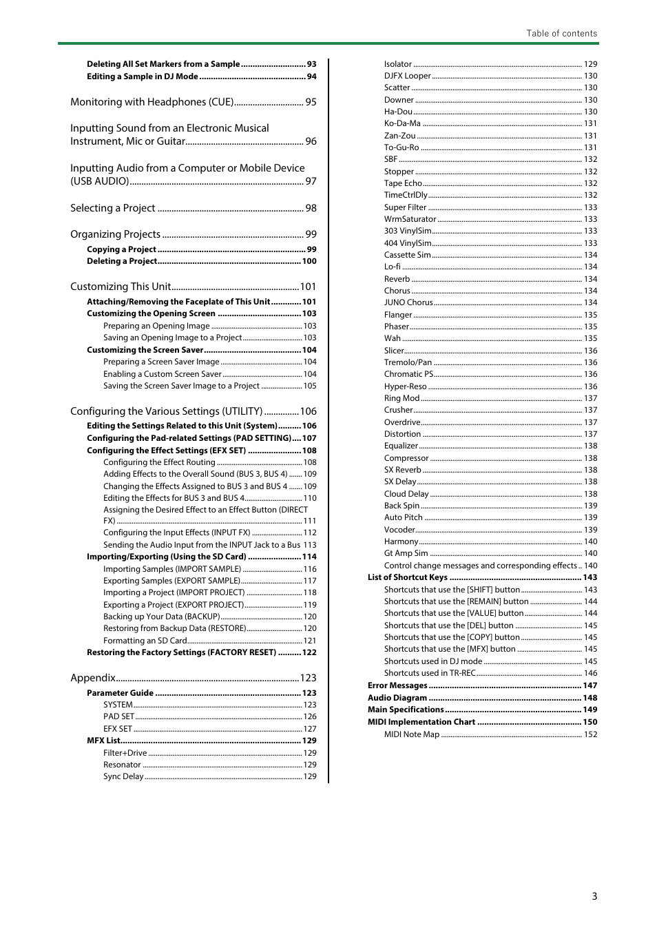 Roland SP-404MKII Creative Sampler and Effector User Manual | Page 3 / 154