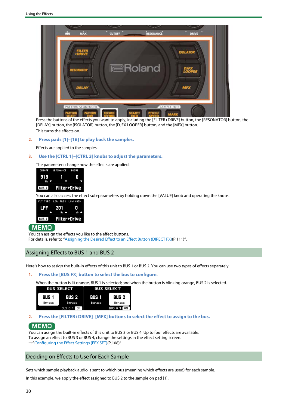 Assigning effects to bus 1 and bus 2, Deciding on effects to use for each sample | Roland SP-404MKII Creative Sampler and Effector User Manual | Page 30 / 154