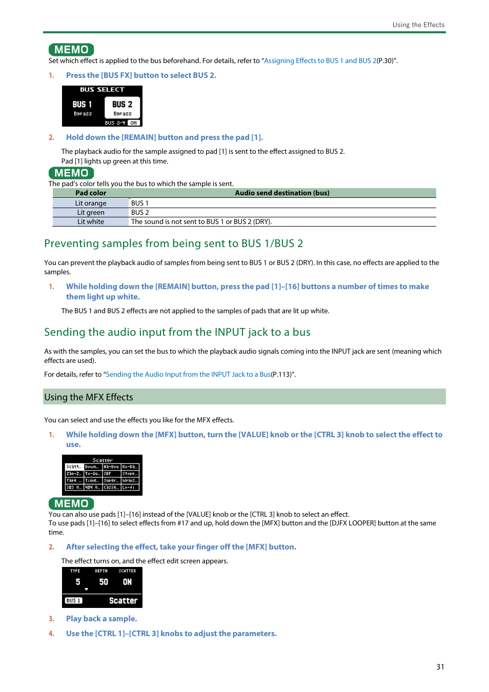 Using the mfx effects, Preventing samples from being sent to bus 1/bus 2 | Roland SP-404MKII Creative Sampler and Effector User Manual | Page 31 / 154