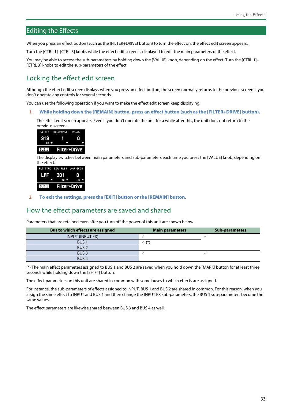 Editing the effects, Locking the effect edit screen, How the effect parameters are saved and shared | Roland SP-404MKII Creative Sampler and Effector User Manual | Page 33 / 154