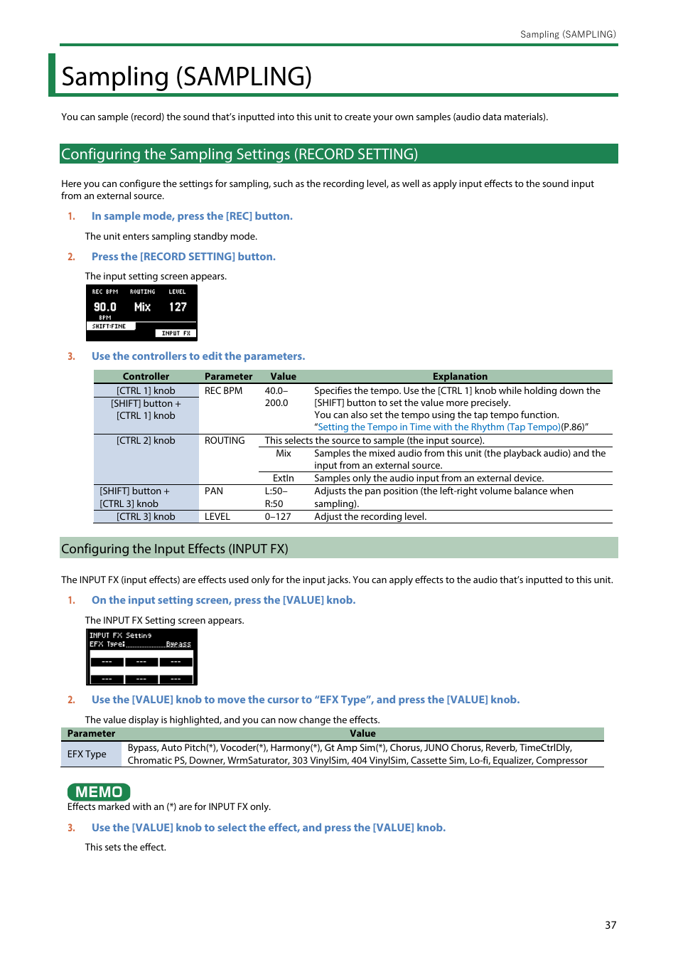 Sampling (sampling), Configuring the sampling settings (record setting), Configuring the input effects (input fx) | Roland SP-404MKII Creative Sampler and Effector User Manual | Page 37 / 154