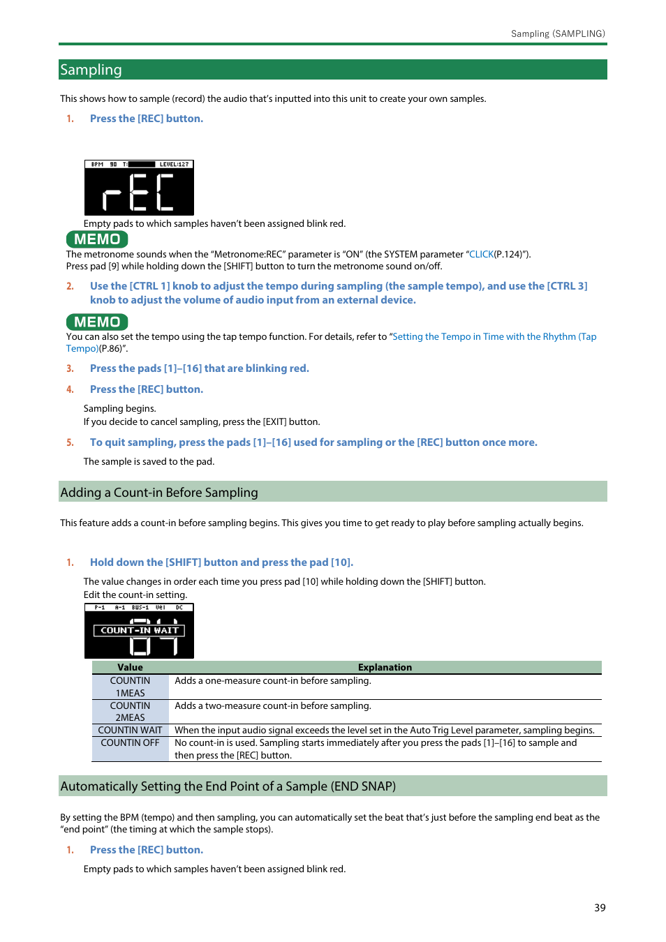 Sampling, Adding a count-in before sampling, Snap) | Roland SP-404MKII Creative Sampler and Effector User Manual | Page 39 / 154