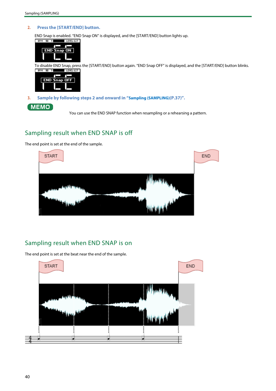 Sampling result when end snap is off, Sampling result when end snap is on | Roland SP-404MKII Creative Sampler and Effector User Manual | Page 40 / 154