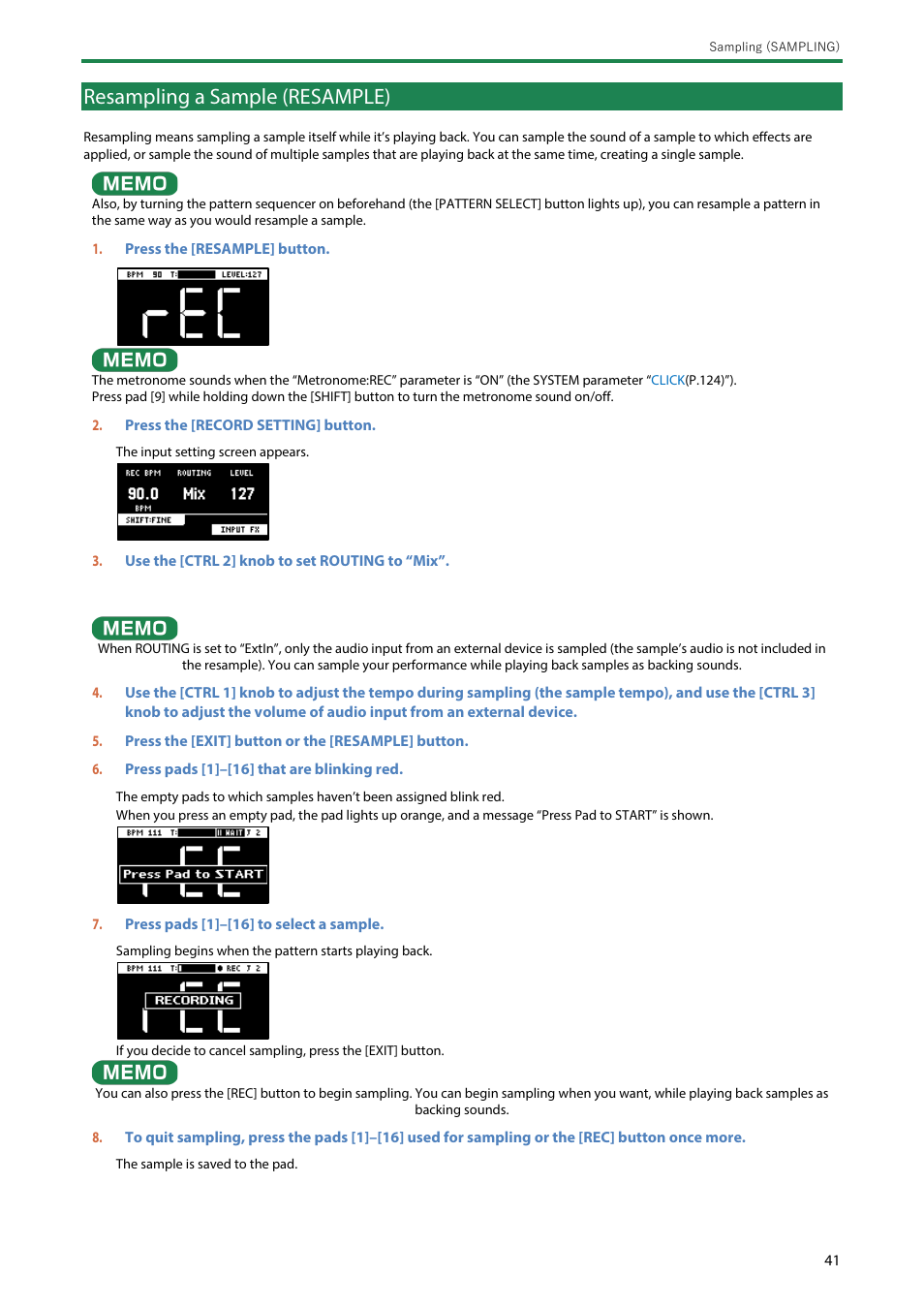 Resampling a sample (resample) | Roland SP-404MKII Creative Sampler and Effector User Manual | Page 41 / 154