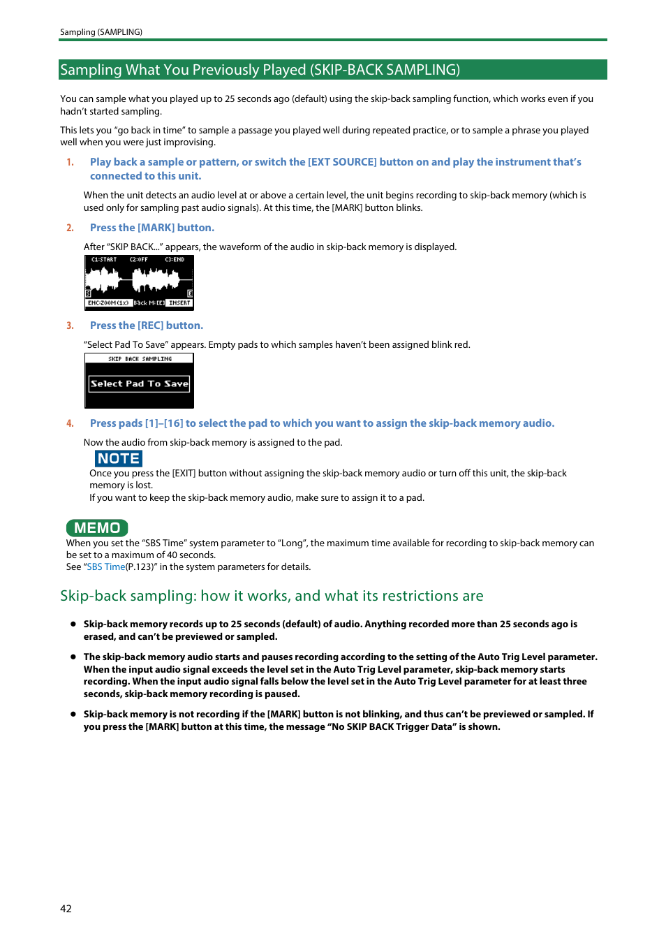 Sampling what you previously played (skip-back, Sampling) | Roland SP-404MKII Creative Sampler and Effector User Manual | Page 42 / 154