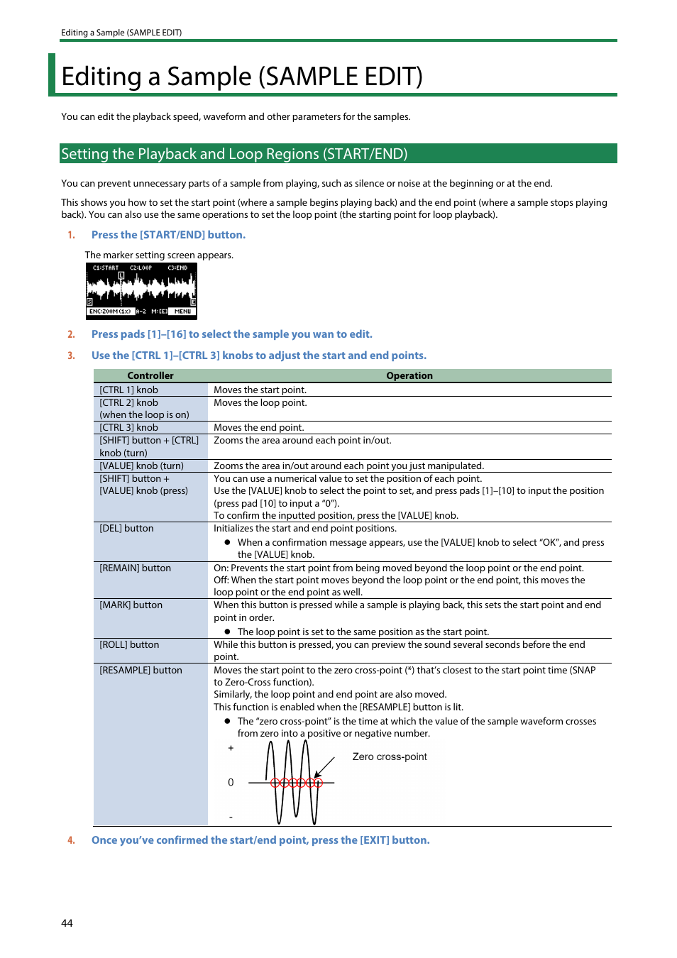 Editing a sample (sample edit), Setting the playback and loop regions (start/end) | Roland SP-404MKII Creative Sampler and Effector User Manual | Page 44 / 154