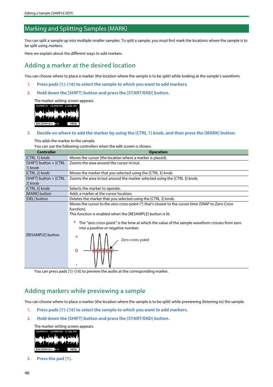 Marking and splitting samples (mark), Adding a marker at the desired location, Adding markers while previewing a sample | Roland SP-404MKII Creative Sampler and Effector User Manual | Page 46 / 154