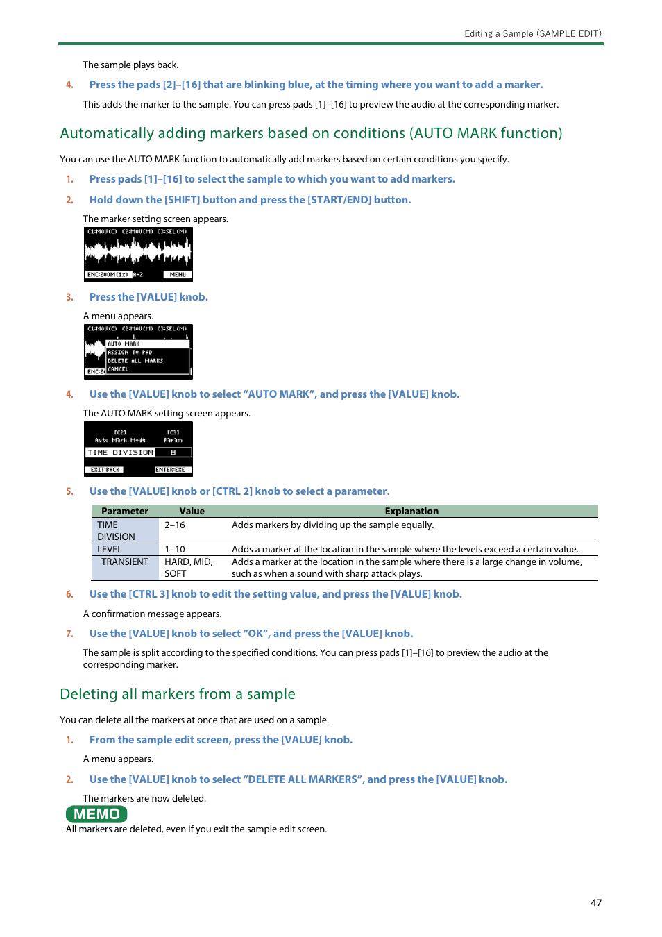 Deleting all markers from a sample | Roland SP-404MKII Creative Sampler and Effector User Manual | Page 47 / 154