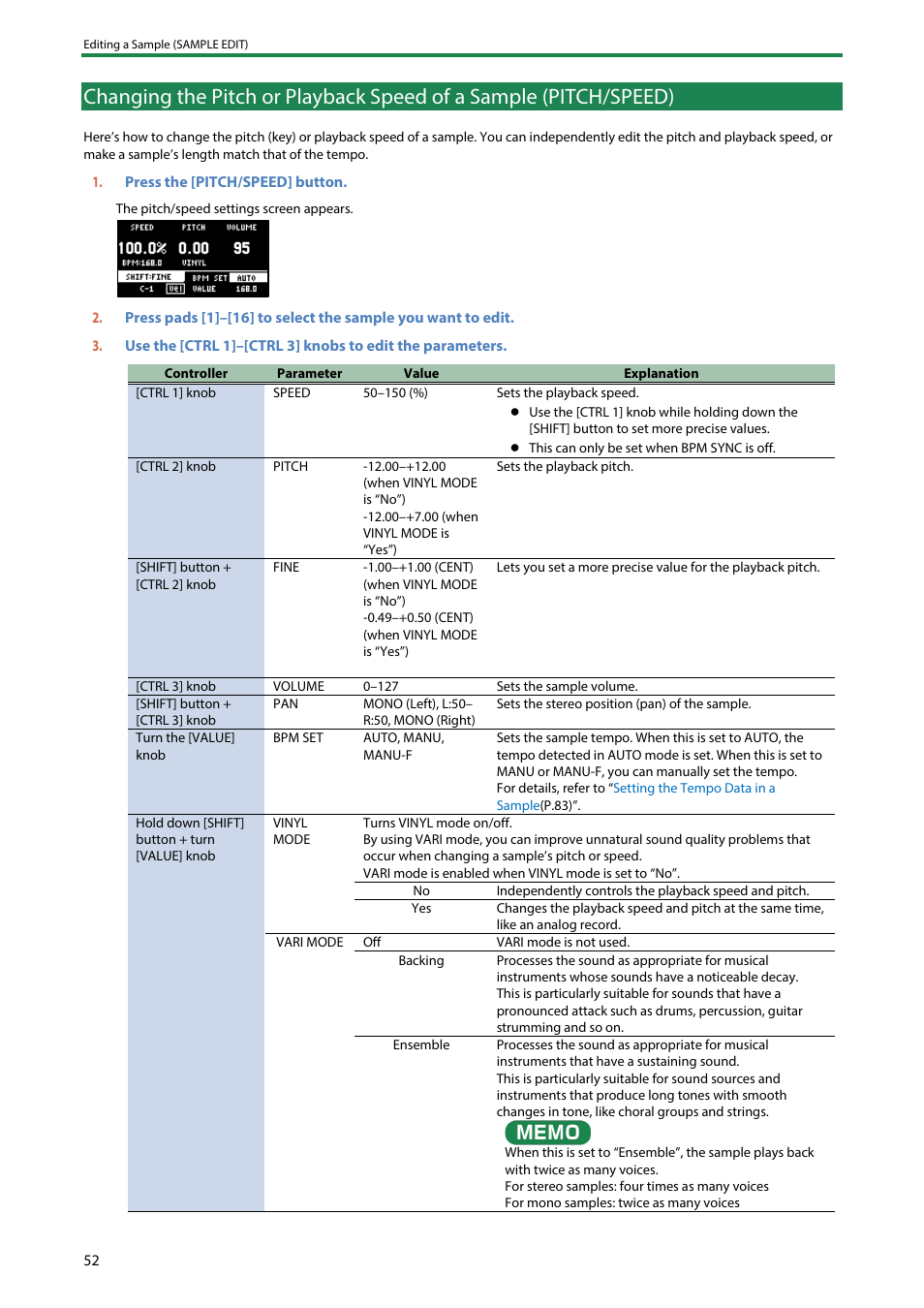 Changing the pitch or playback speed of a sample, Pitch/speed) | Roland SP-404MKII Creative Sampler and Effector User Manual | Page 52 / 154