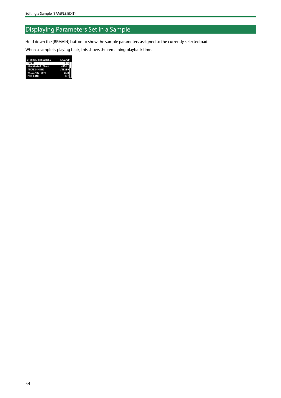 Displaying parameters set in a sample | Roland SP-404MKII Creative Sampler and Effector User Manual | Page 54 / 154