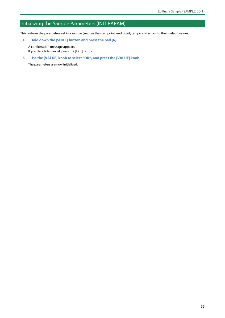 Initializing the sample parameters (init param) | Roland SP-404MKII Creative Sampler and Effector User Manual | Page 55 / 154