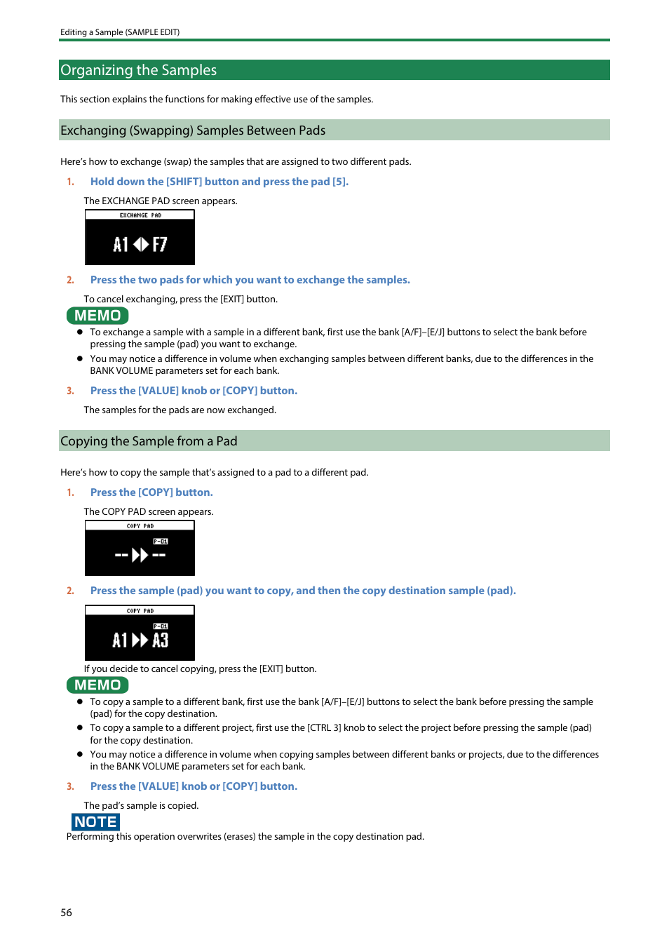Organizing the samples, Exchanging (swapping) samples between pads, Copying the sample from a pad | Roland SP-404MKII Creative Sampler and Effector User Manual | Page 56 / 154