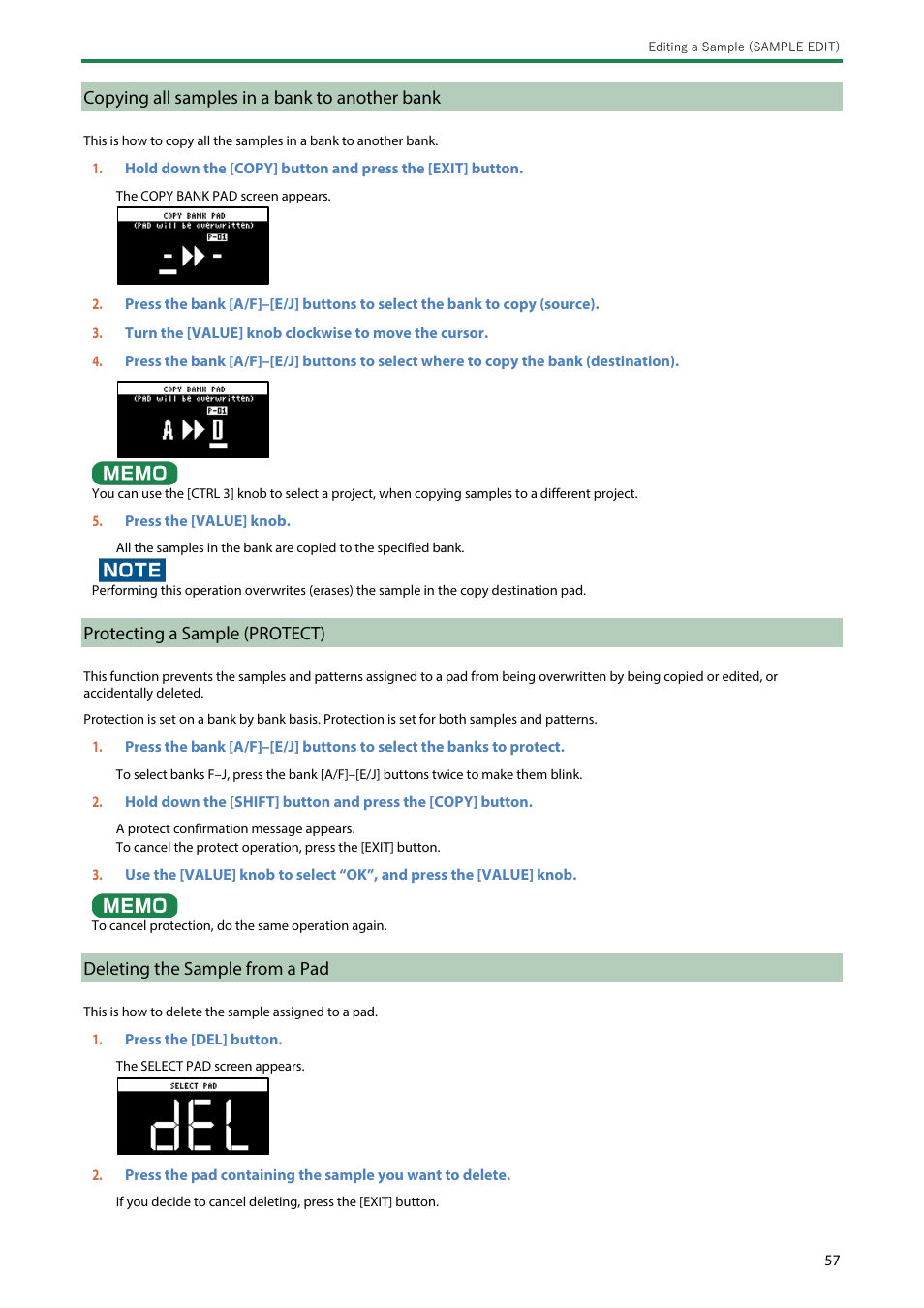 Copying all samples in a bank to another bank, Protecting a sample (protect), Deleting the sample from a pad | Roland SP-404MKII Creative Sampler and Effector User Manual | Page 57 / 154