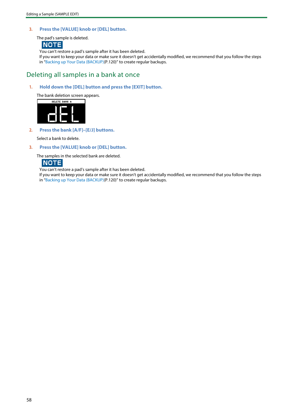 Deleting all samples in a bank at once | Roland SP-404MKII Creative Sampler and Effector User Manual | Page 58 / 154