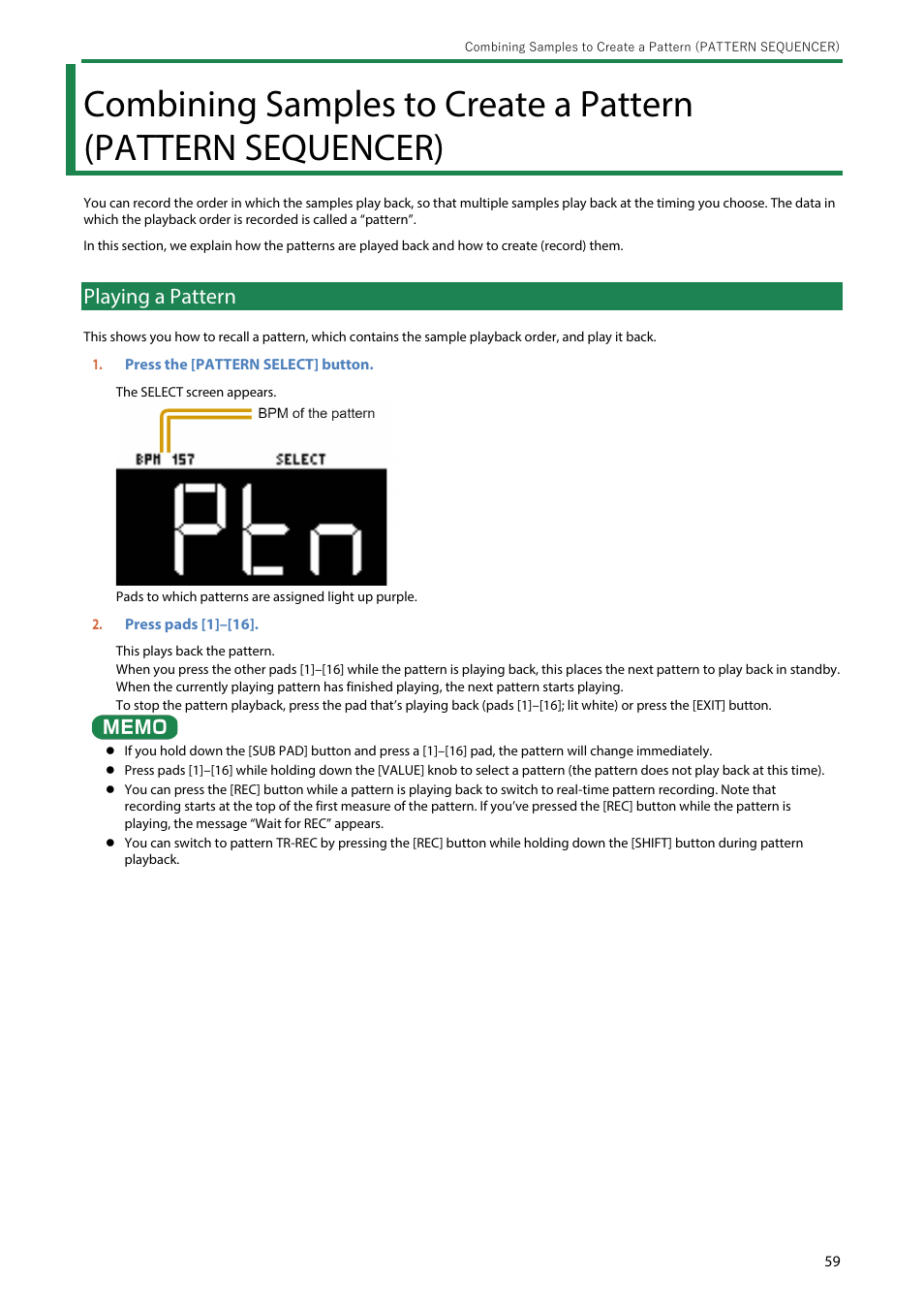 Playing a pattern, Combining samples to create a pattern (pattern, Sequencer) | Roland SP-404MKII Creative Sampler and Effector User Manual | Page 59 / 154