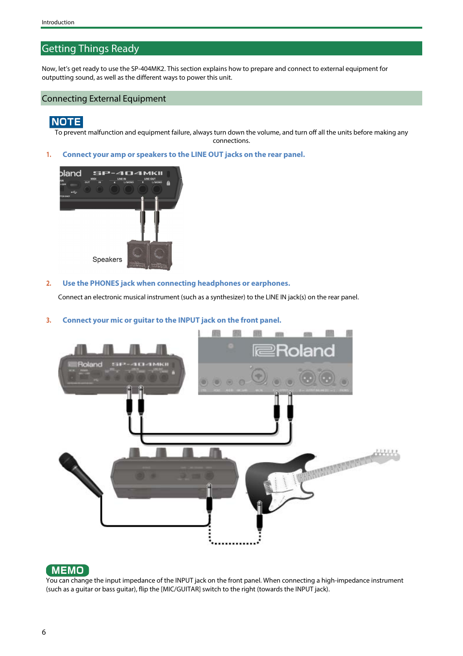 Getting things ready, Connecting external equipment | Roland SP-404MKII Creative Sampler and Effector User Manual | Page 6 / 154