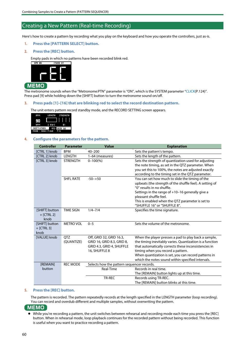 Creating a new pattern (real-time recording) | Roland SP-404MKII Creative Sampler and Effector User Manual | Page 60 / 154