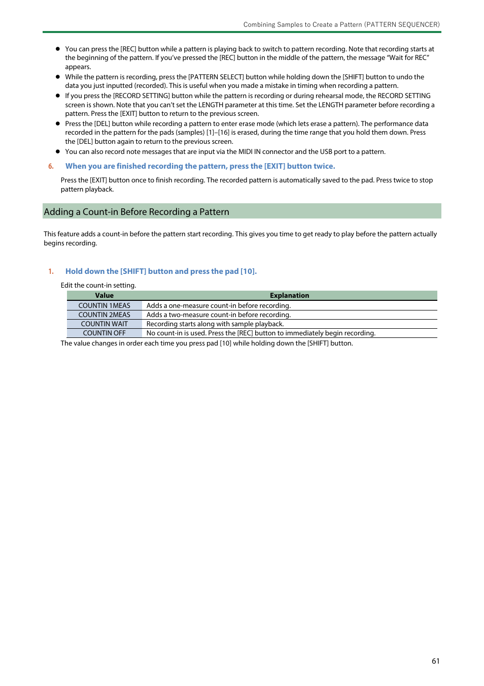 Adding a count-in before recording a pattern | Roland SP-404MKII Creative Sampler and Effector User Manual | Page 61 / 154