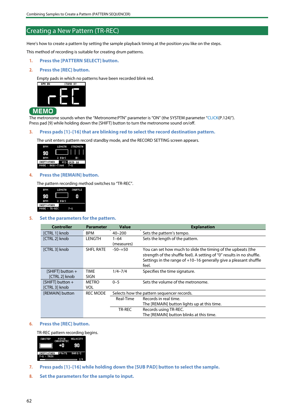 Creating a new pattern (tr-rec) | Roland SP-404MKII Creative Sampler and Effector User Manual | Page 62 / 154