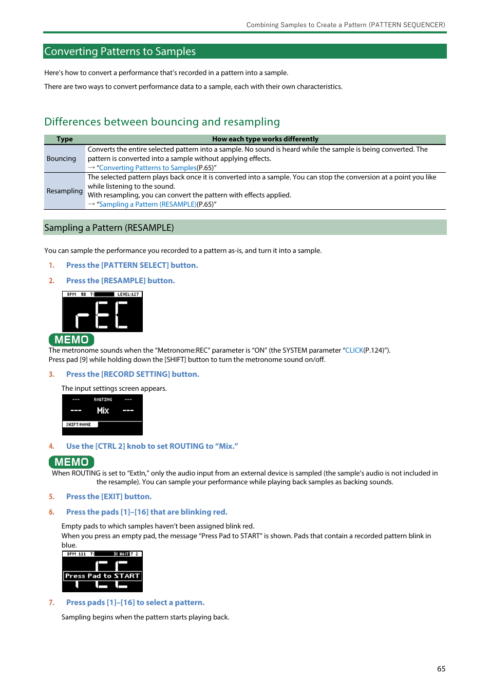 Converting patterns to samples, Sampling a pattern (resample), Differences between bouncing and resampling | Roland SP-404MKII Creative Sampler and Effector User Manual | Page 65 / 154