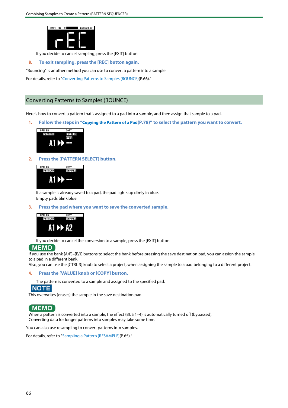 Converting patterns to samples (bounce) | Roland SP-404MKII Creative Sampler and Effector User Manual | Page 66 / 154