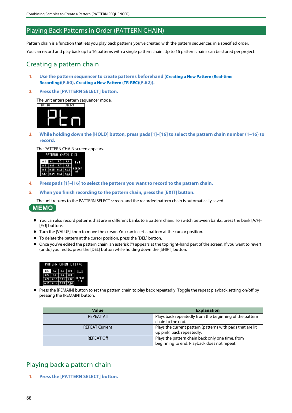 Playing back patterns in order (pattern chain), Creating a pattern chain, Playing back a pattern chain | Roland SP-404MKII Creative Sampler and Effector User Manual | Page 68 / 154