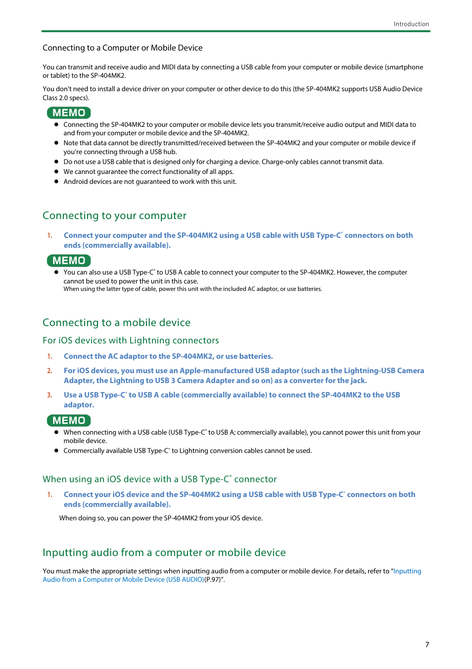 Connecting to your computer, Connecting to a mobile device, Inputting audio from a computer or mobile device | For ios devices with lightning connectors, When using an ios device with a usb type-c, Connector | Roland SP-404MKII Creative Sampler and Effector User Manual | Page 7 / 154