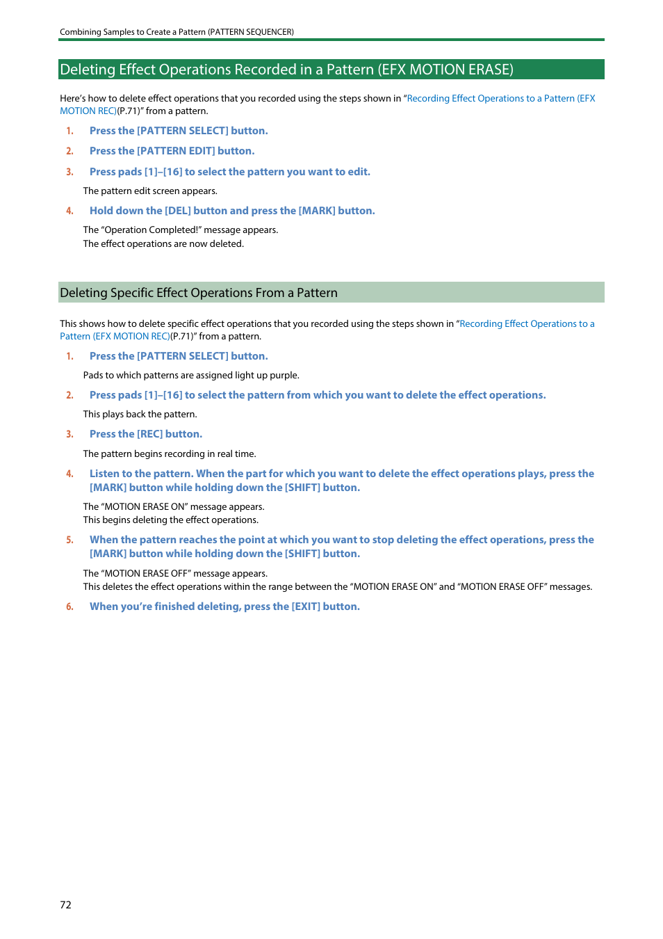 Deleting specific effect operations from a pattern, Motion erase) | Roland SP-404MKII Creative Sampler and Effector User Manual | Page 72 / 154