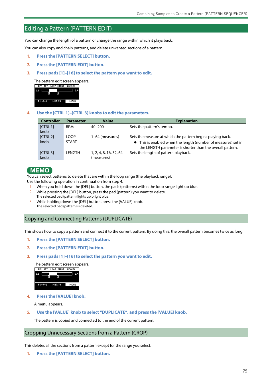 Editing a pattern (pattern edit), Copying and connecting patterns (duplicate) | Roland SP-404MKII Creative Sampler and Effector User Manual | Page 75 / 154