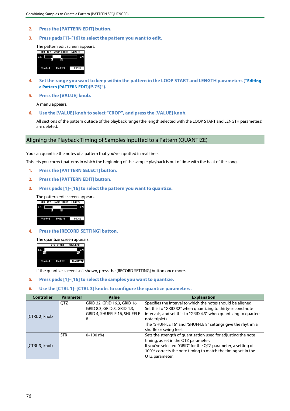 Pattern (quantize) | Roland SP-404MKII Creative Sampler and Effector User Manual | Page 76 / 154