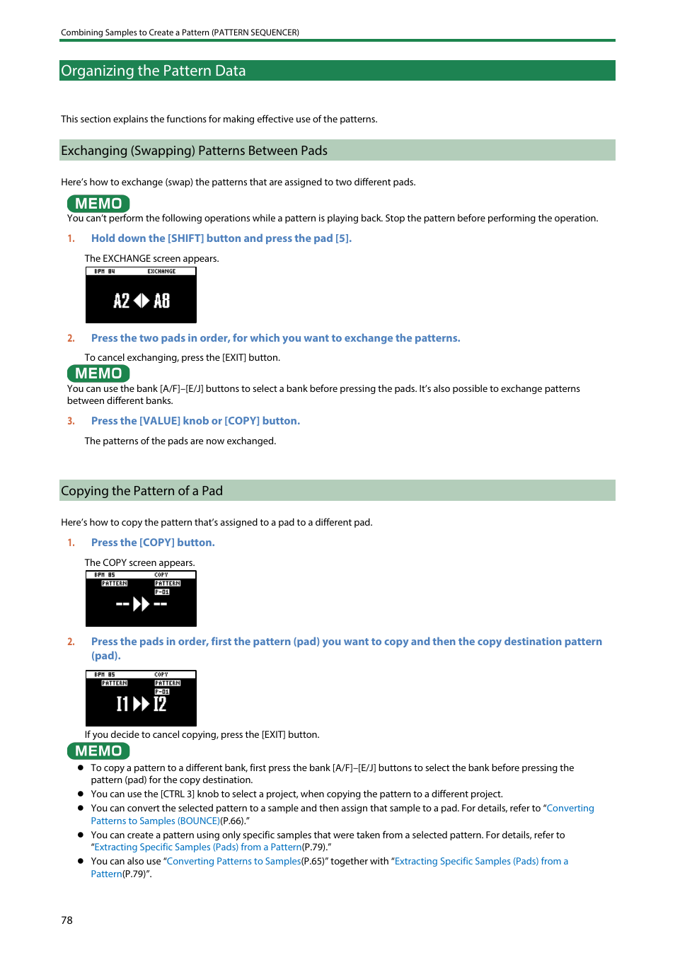 Organizing the pattern data, Exchanging (swapping) patterns between pads, Copying the pattern of a pad | Roland SP-404MKII Creative Sampler and Effector User Manual | Page 78 / 154