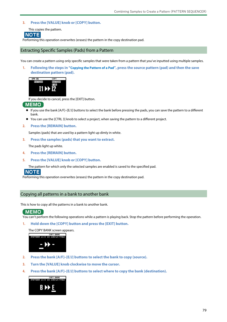 Extracting specific samples (pads) from a pattern, Copying all patterns in a bank to another bank, Extracting specific samples (pads) from a | Pattern | Roland SP-404MKII Creative Sampler and Effector User Manual | Page 79 / 154