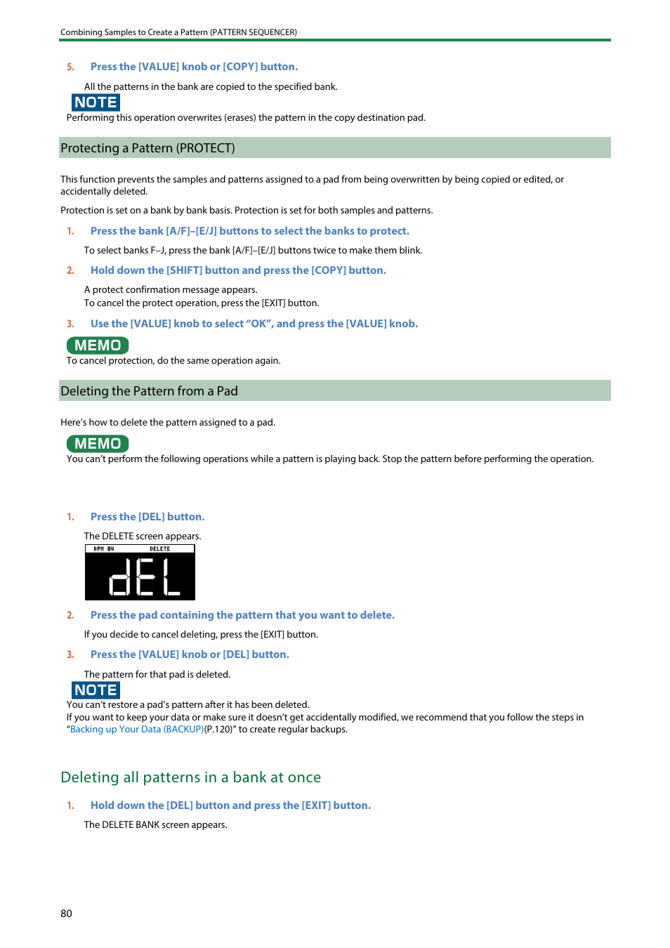 Protecting a pattern (protect), Deleting the pattern from a pad, Deleting all patterns in a bank at once | Roland SP-404MKII Creative Sampler and Effector User Manual | Page 80 / 154