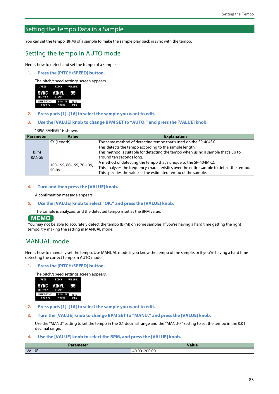 Setting the tempo data in a sample, Setting the tempo data in a, Sample | Setting the tempo in auto mode, Manual mode | Roland SP-404MKII Creative Sampler and Effector User Manual | Page 83 / 154