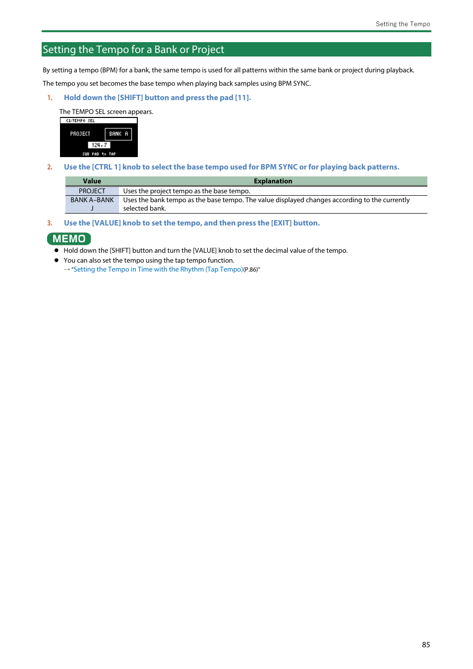 Setting the tempo for a bank or project | Roland SP-404MKII Creative Sampler and Effector User Manual | Page 85 / 154