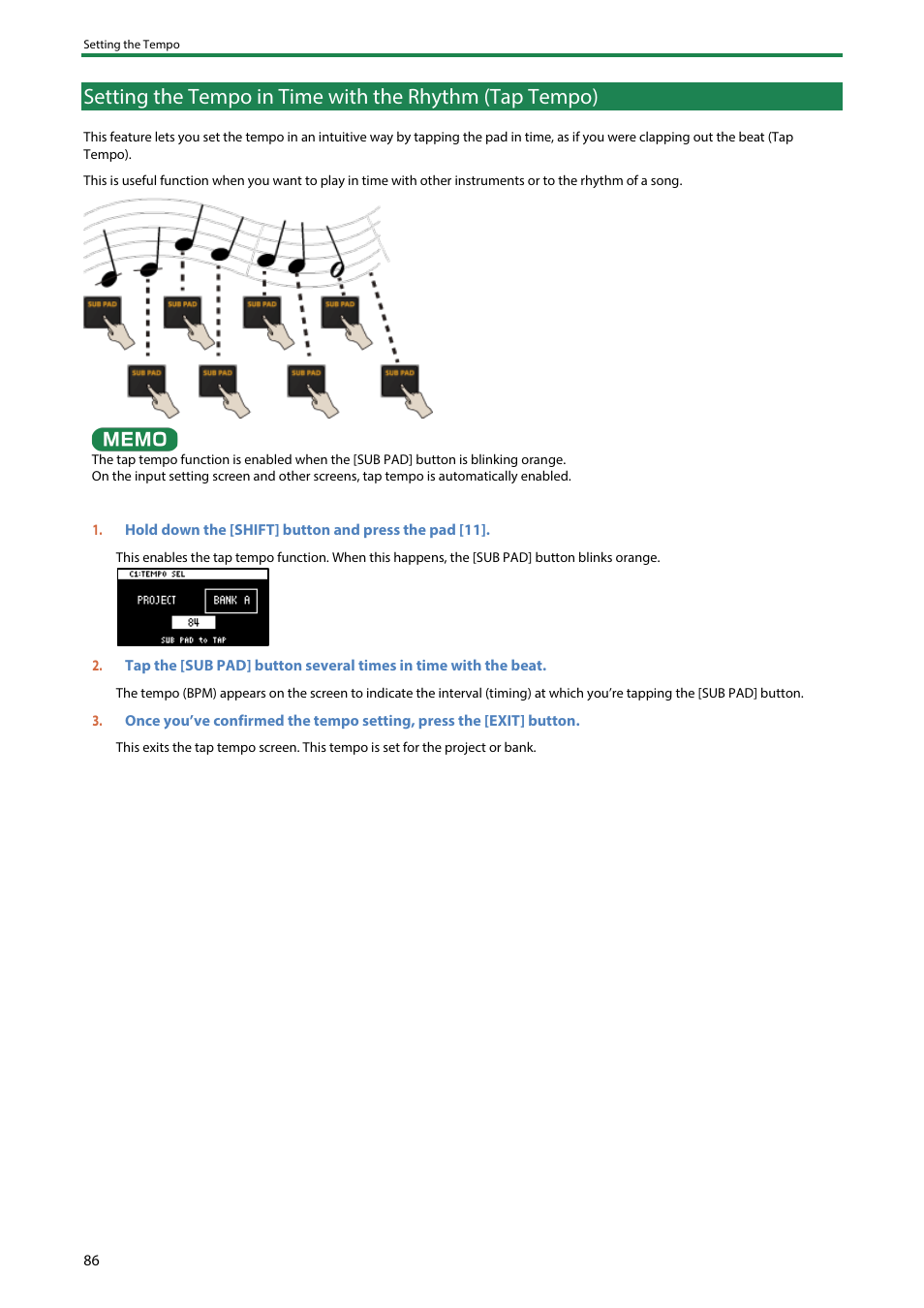 Setting the tempo in time with the rhythm (tap, Tempo) | Roland SP-404MKII Creative Sampler and Effector User Manual | Page 86 / 154