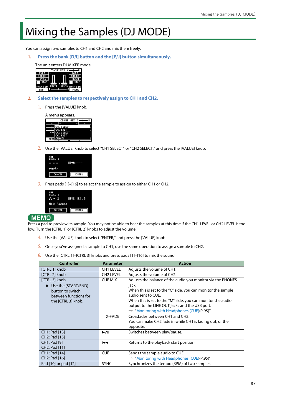 Mixing the samples (dj mode) | Roland SP-404MKII Creative Sampler and Effector User Manual | Page 87 / 154