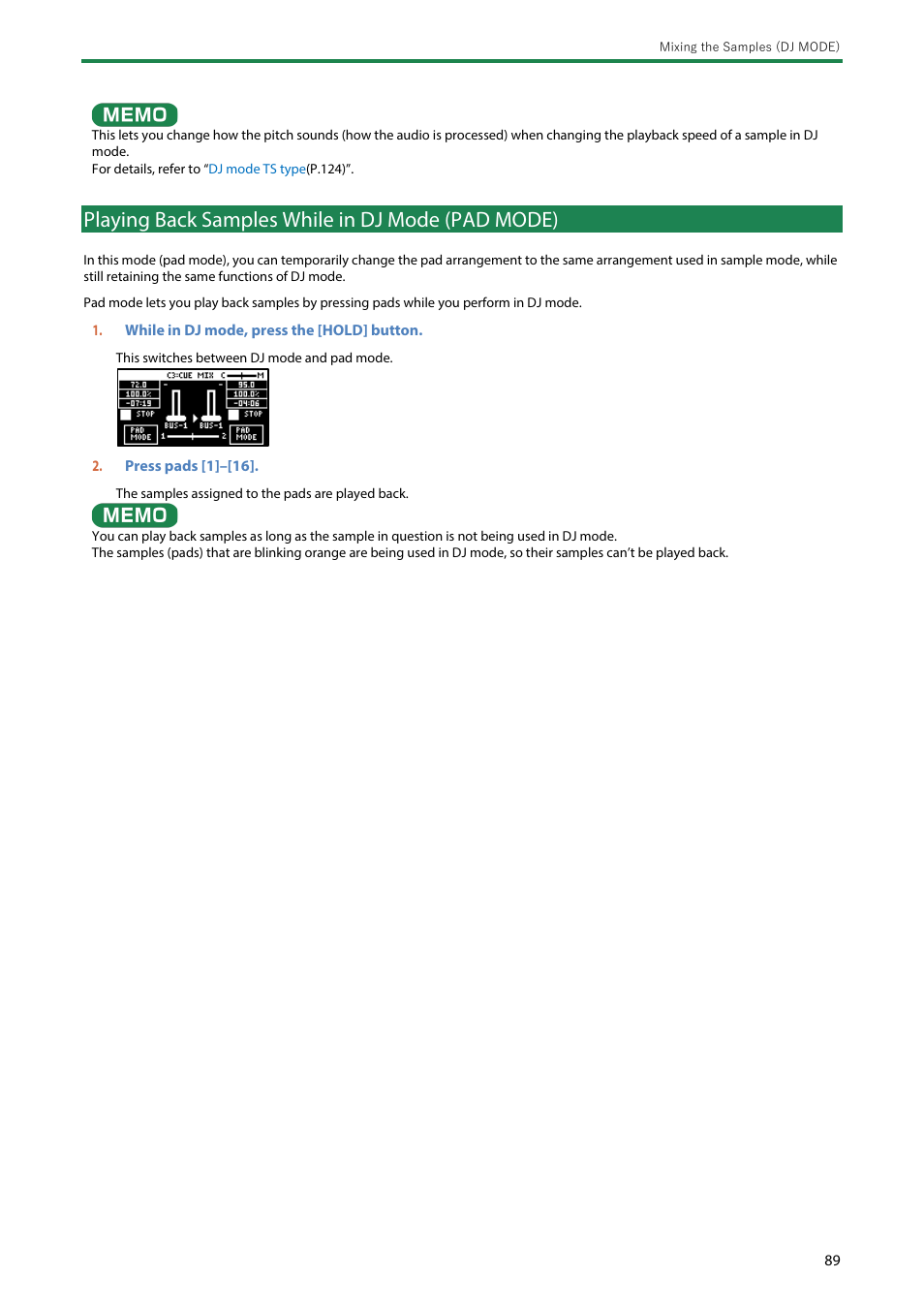 Playing back samples while in dj mode (pad mode) | Roland SP-404MKII Creative Sampler and Effector User Manual | Page 89 / 154