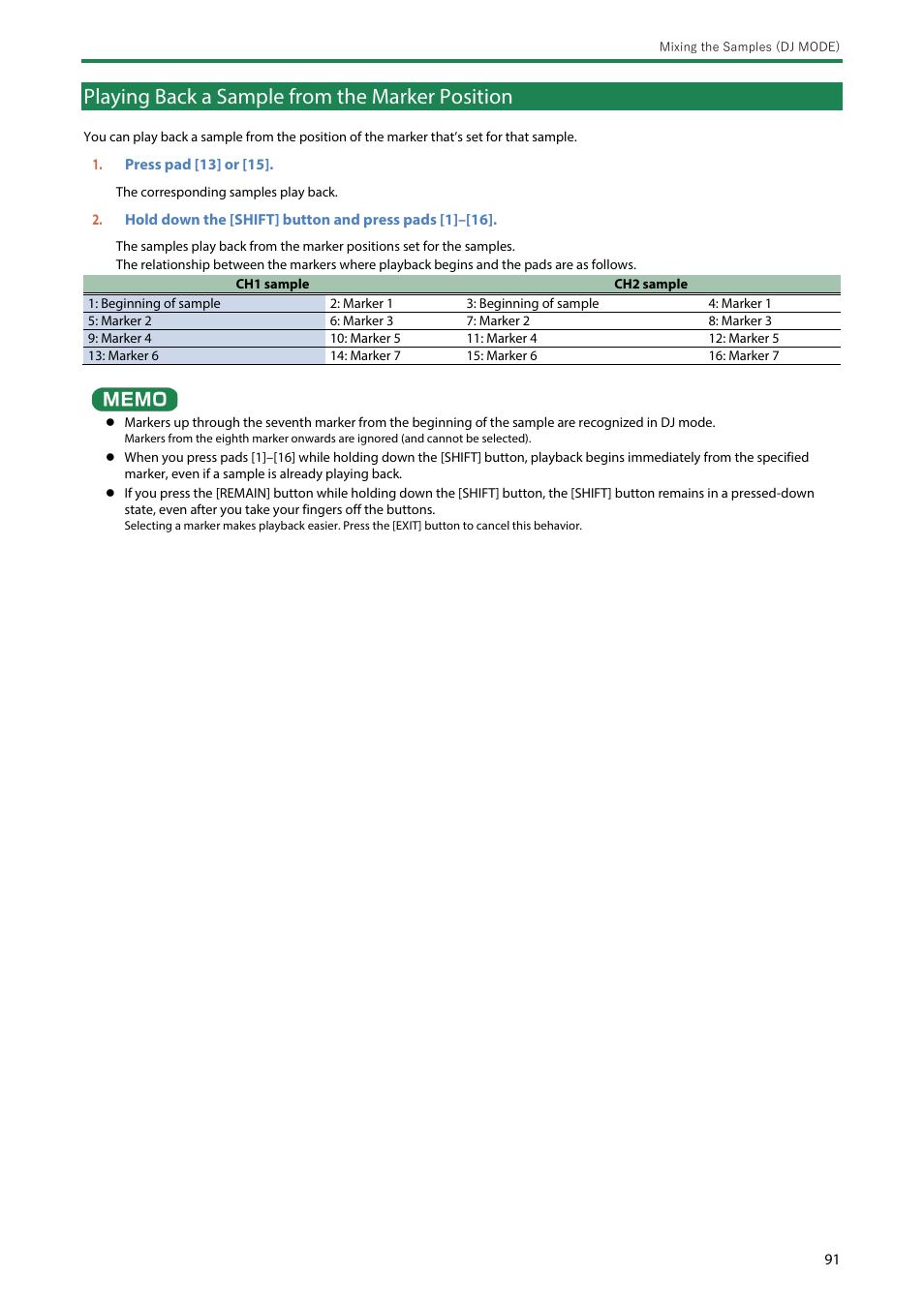 Playing back a sample from the marker position | Roland SP-404MKII Creative Sampler and Effector User Manual | Page 91 / 154
