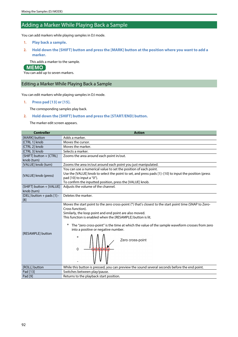 Adding a marker while playing back a sample, Editing a marker while playing back a sample | Roland SP-404MKII Creative Sampler and Effector User Manual | Page 92 / 154