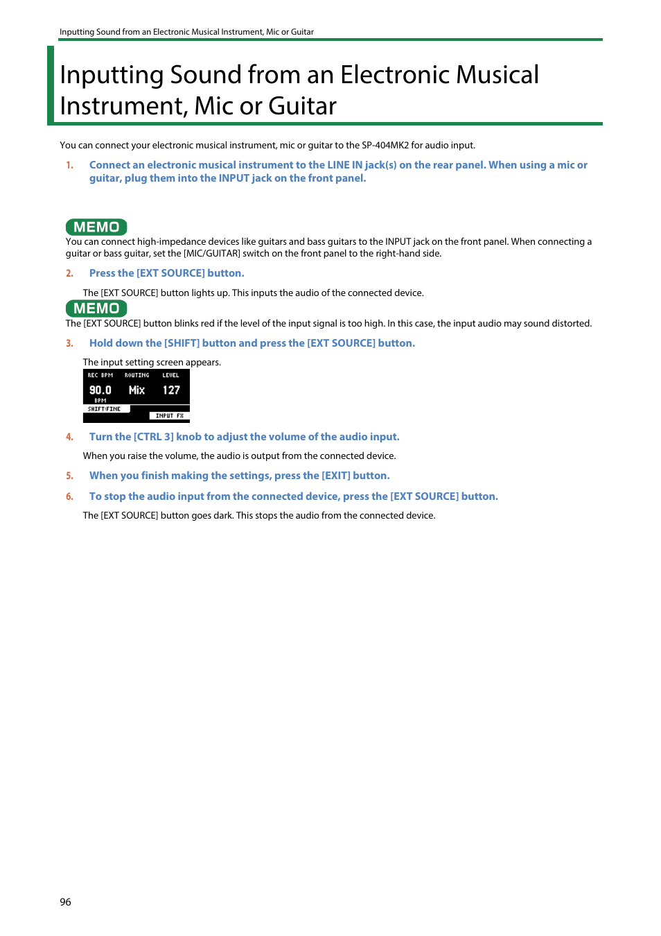 Inputting sound from an electronic musical, Instrument, mic or guitar | Roland SP-404MKII Creative Sampler and Effector User Manual | Page 96 / 154