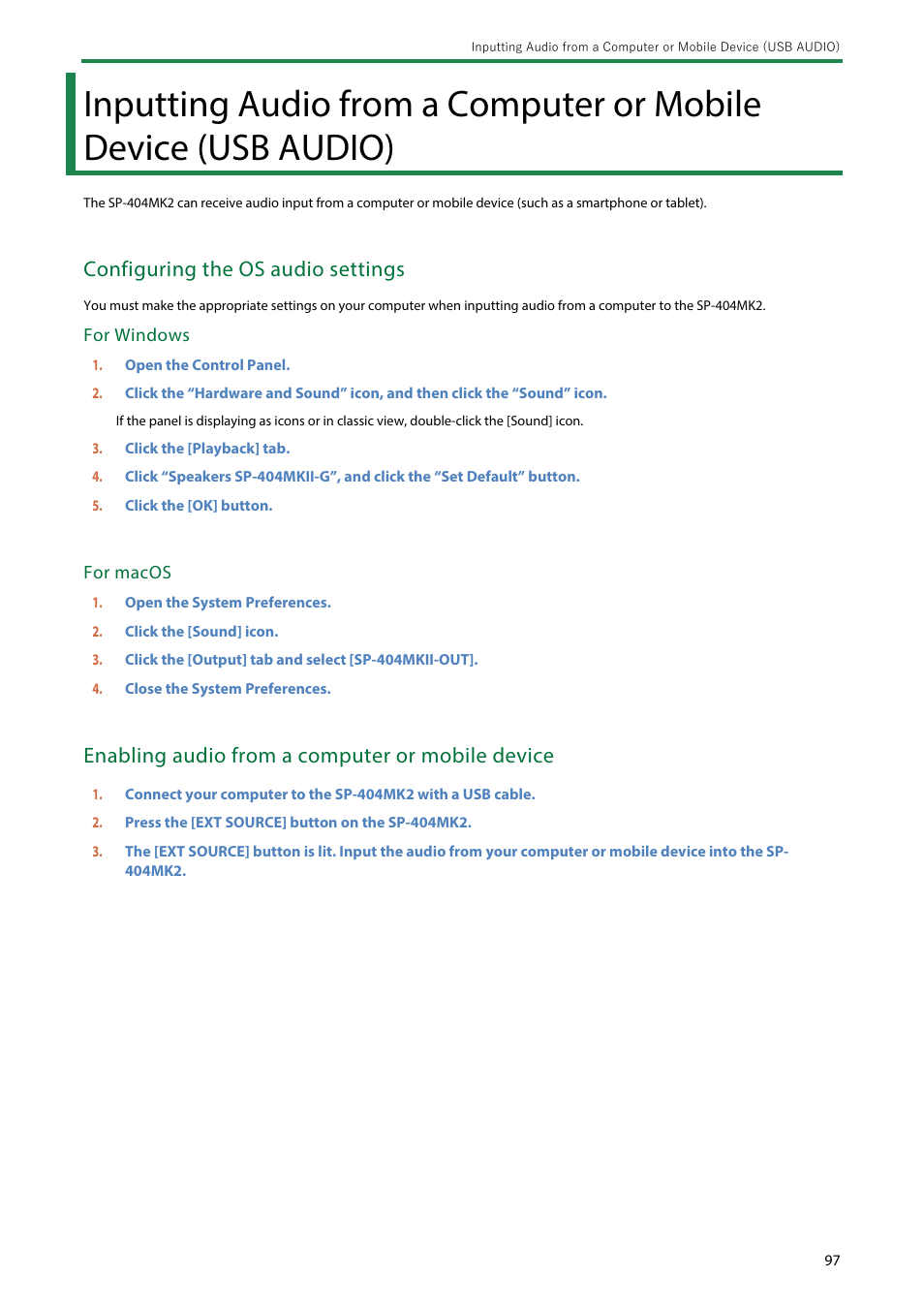 Inputting audio from a computer or mobile device, Usb audio), Inputting | Audio from a computer or mobile device (usb audio), Configuring the os audio settings, Enabling audio from a computer or mobile device | Roland SP-404MKII Creative Sampler and Effector User Manual | Page 97 / 154