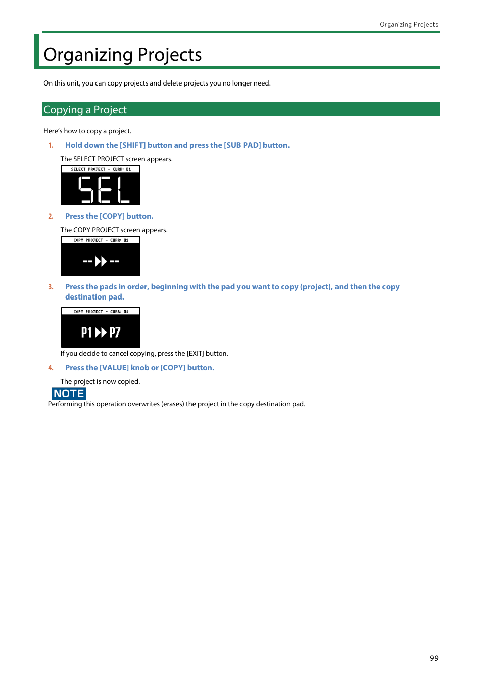 Organizing projects, Copying a project | Roland SP-404MKII Creative Sampler and Effector User Manual | Page 99 / 154