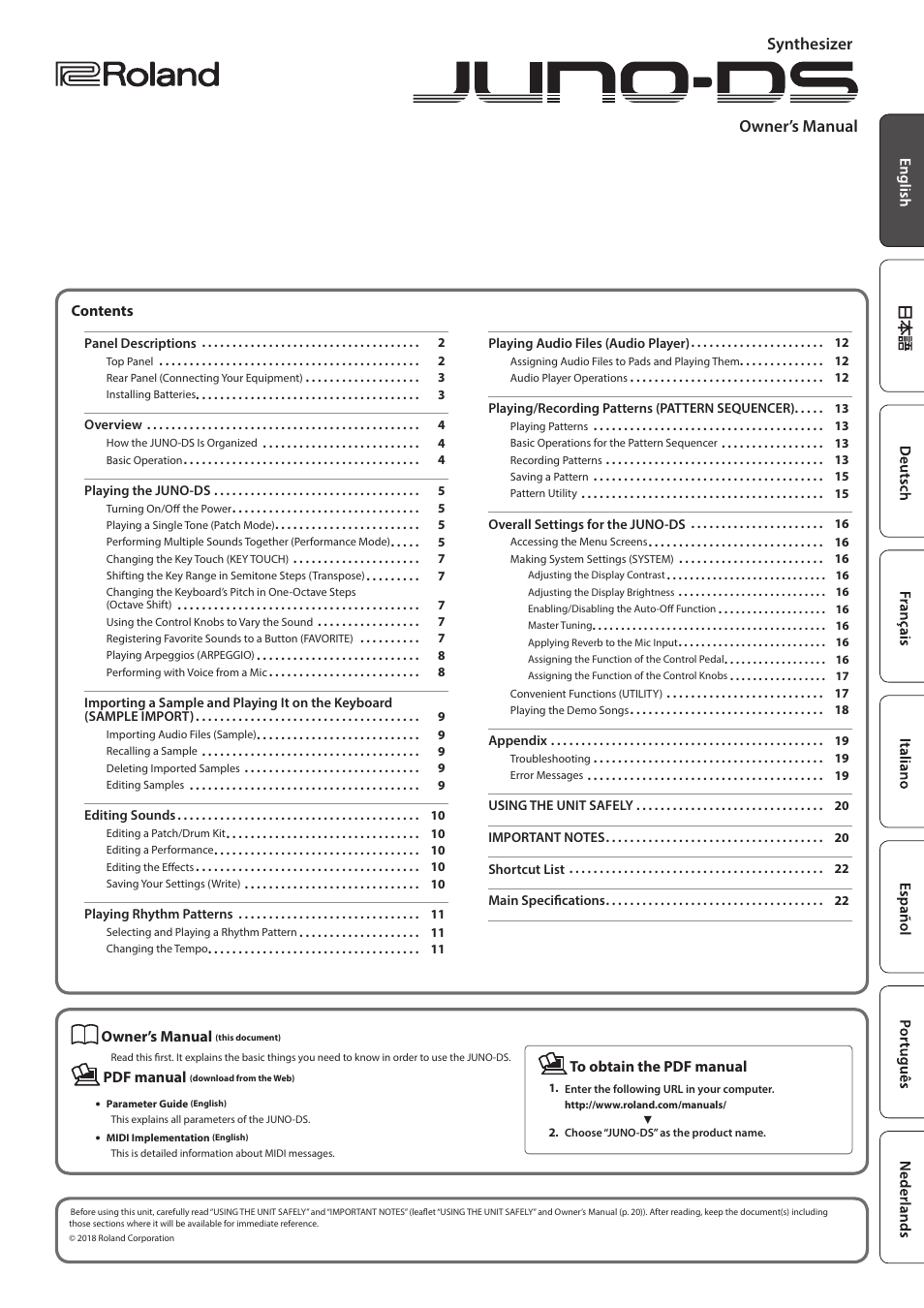 Roland JUNO-DS61 Synthesizer User Manual | 22 pages