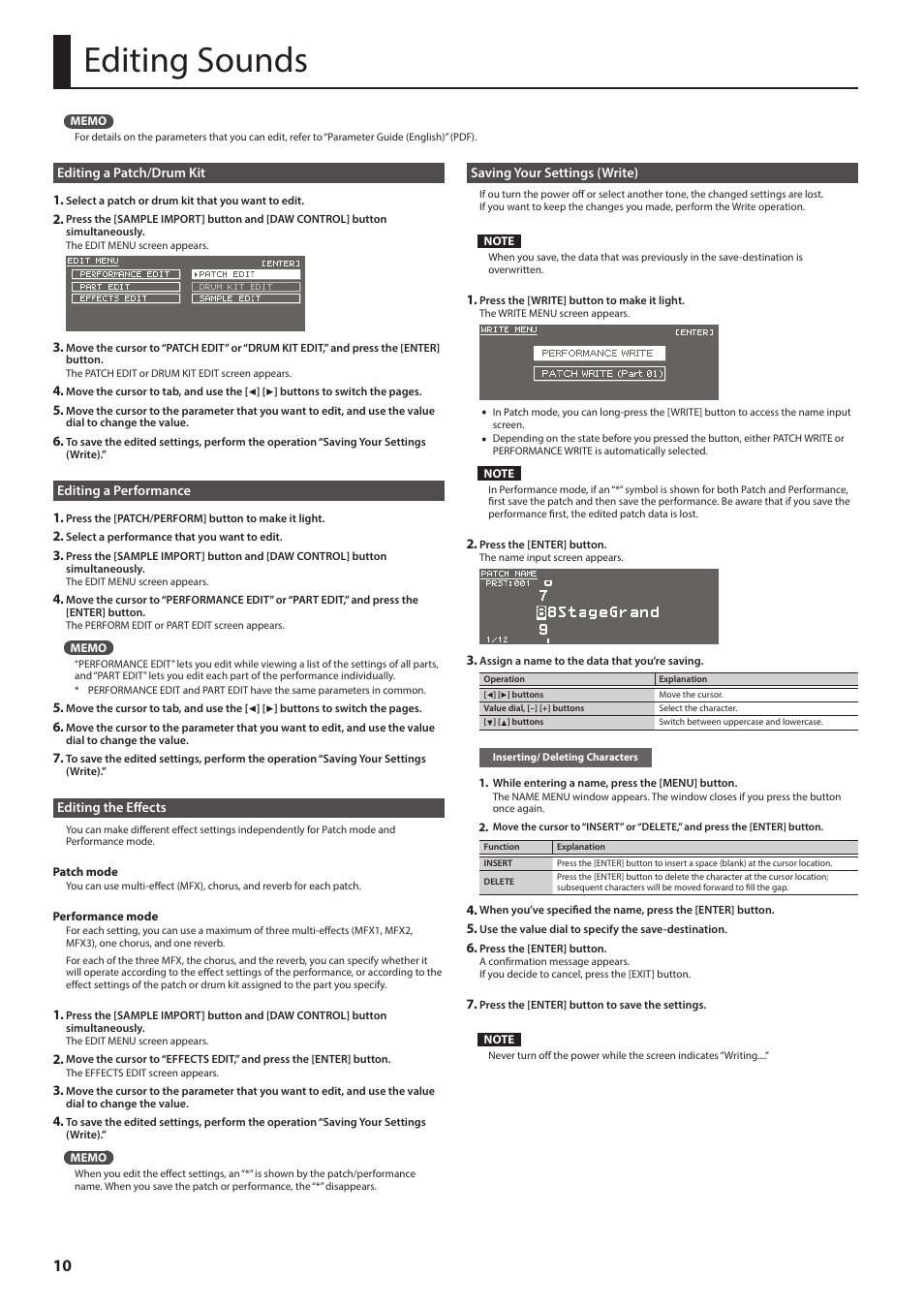 Editing sounds, Editing a patch/drum kit, Editing a performance | Editing the effects, Saving your settings (write), P. 10, Tion “saving your settings, Write)” (p. 10) | Roland JUNO-DS61 Synthesizer User Manual | Page 10 / 22