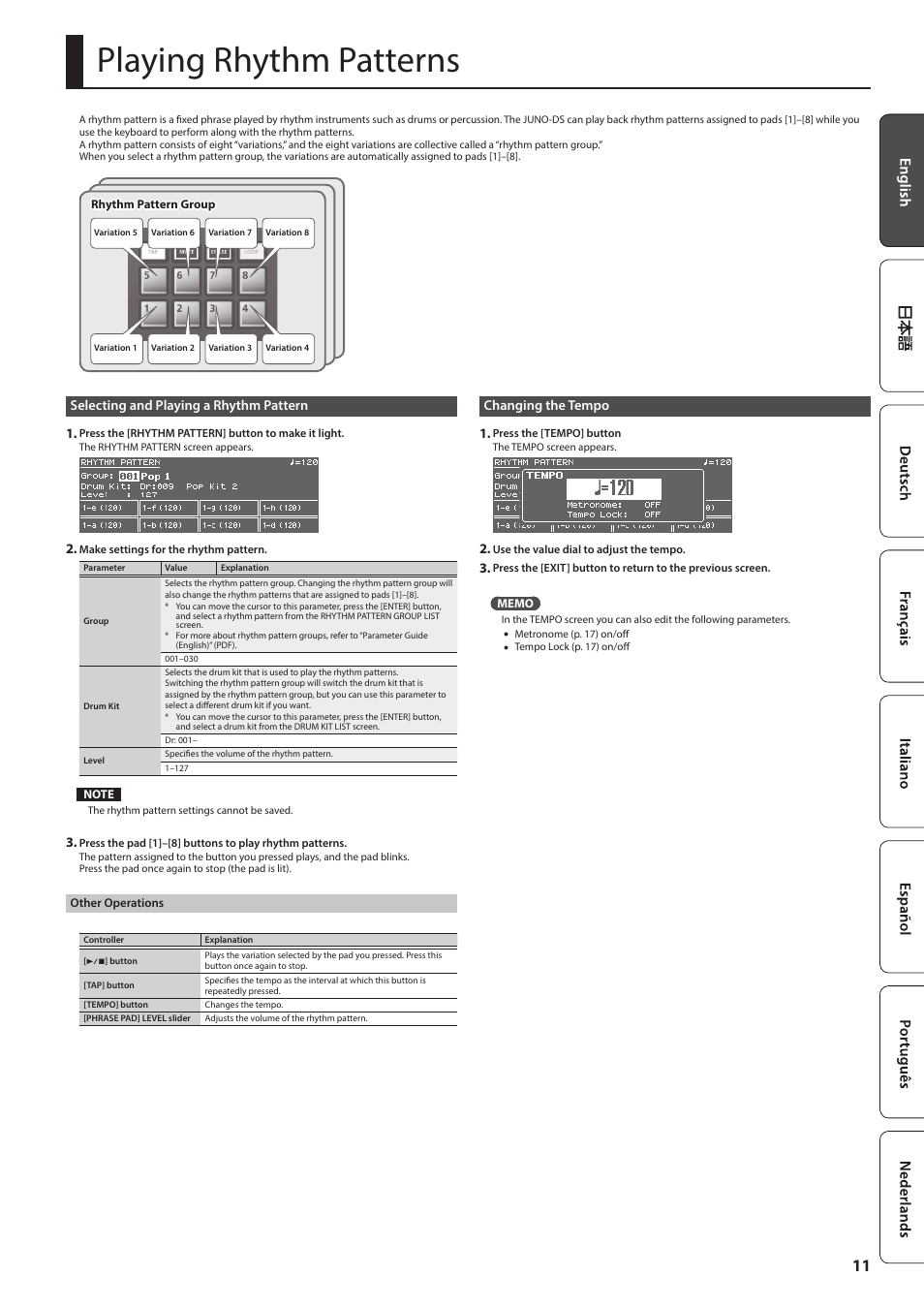 Playing rhythm patterns, Selecting and playing a rhythm pattern, Changing the tempo | P. 11 | Roland JUNO-DS61 Synthesizer User Manual | Page 11 / 22