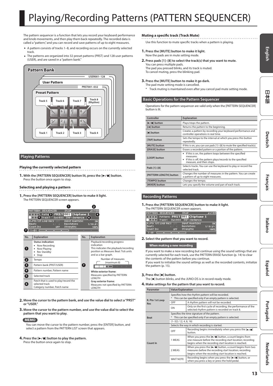 Playing/recording patterns (pattern sequencer), Playing patterns, Basic operations for the pattern sequencer | Recording patterns, P. 13, Pattern bank, Recording patterns 1 | Roland JUNO-DS61 Synthesizer User Manual | Page 13 / 22