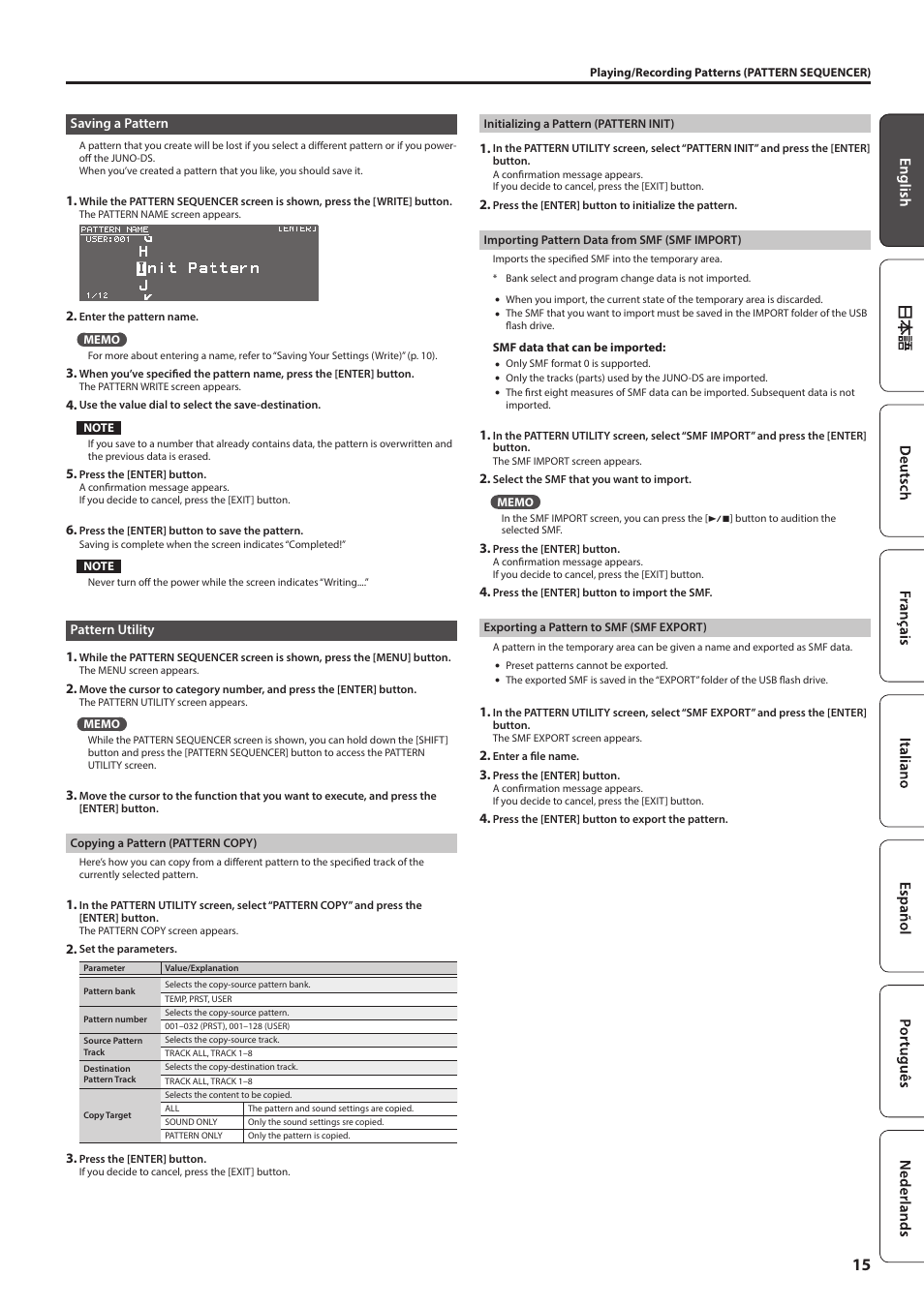 Saving a pattern, Pattern utility | Roland JUNO-DS61 Synthesizer User Manual | Page 15 / 22