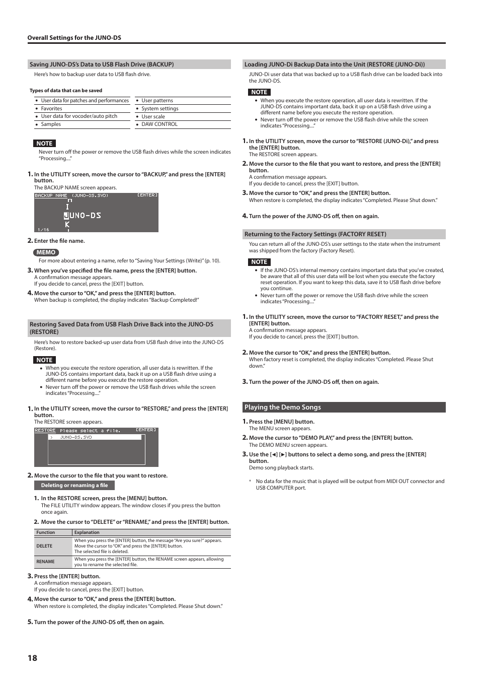 Playing the demo songs, Er (p. 18) | Roland JUNO-DS61 Synthesizer User Manual | Page 18 / 22