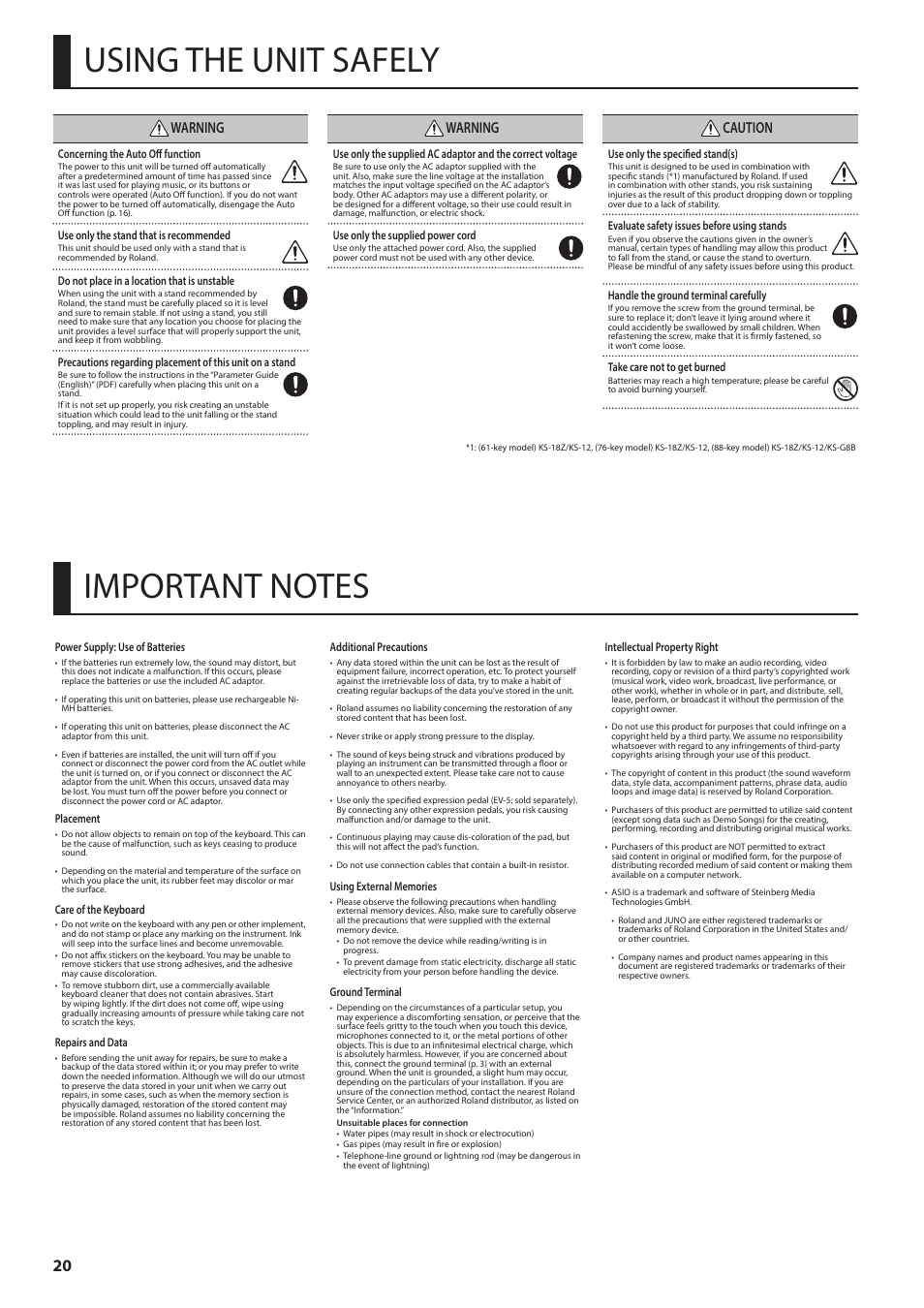 Using the unit safely, Important notes, Anual (p. 20)). a | O “ground terminal” (p. 20), S manual (p. 20)), Warning, Caution | Roland JUNO-DS61 Synthesizer User Manual | Page 20 / 22